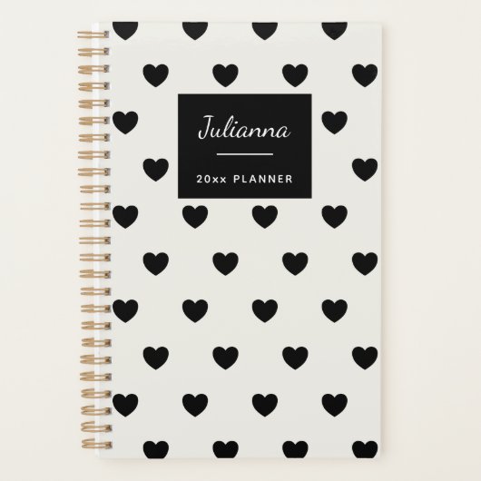Cute Simple Black White Hearts Persoonlijke naam Planner (Voorkant)