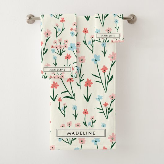 Cute Simple Botanical Pink Blue Flower Floral Bad Handdoek (Insitu)