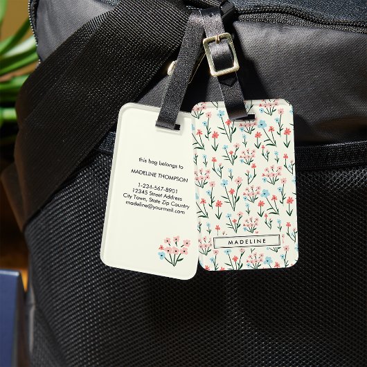 Cute Simple Botanical Pink Blue Flower Floral Bagagelabel