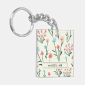 Cute Simple Botanical Pink Blue Flower Floral Sleutelhanger (Voorkant Links)