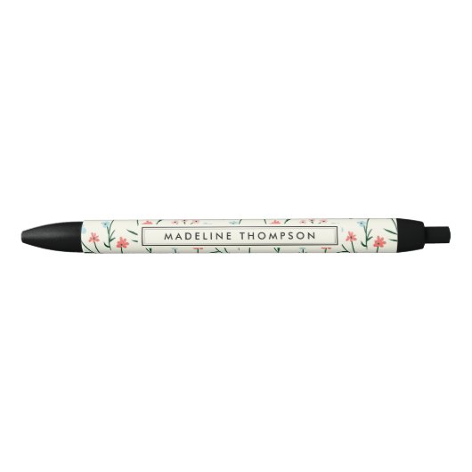 Cute Simple Botanical Pink Blue Flower Floral Zwarte Inkt Pen (Voorkant)