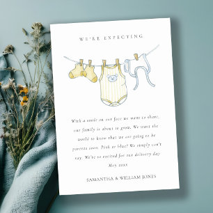 Cute Simple Clothesline Yellow Baby Notice Bedankkaart