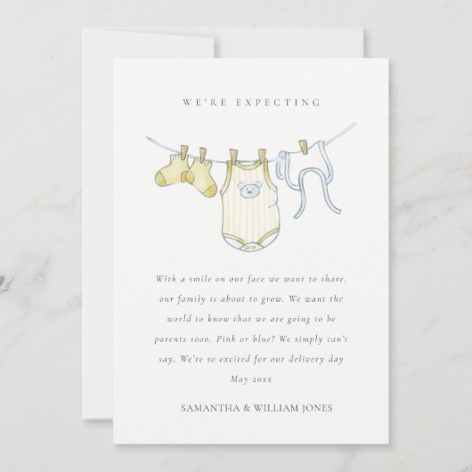 Cute Simple Clothesline Yellow Baby Notice Bedankkaart (Voorkant)