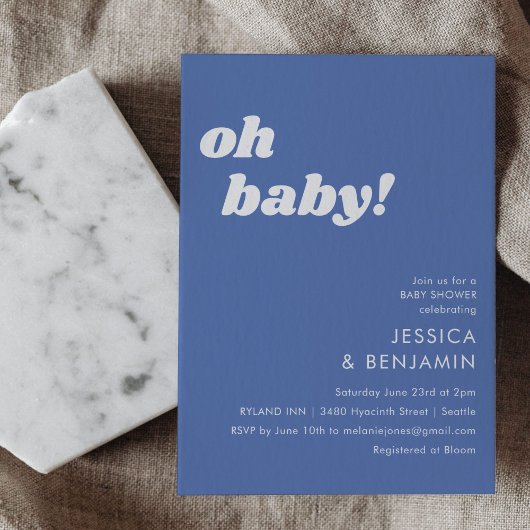 Cute Simple French Blue Modern Oh Baby shower Kaart