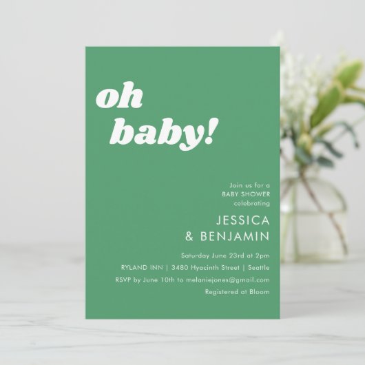 Cute Simple Kelly Green Modern Oh Baby shower Kaart (Staand voorkant)