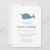 Cute Simple Narwhal Ocean Blue 1st Birthday Party Kaart (Voorkant)