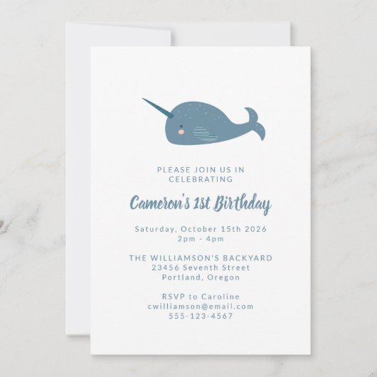 Cute Simple Narwhal Ocean Blue 1st Birthday Party Kaart (Voorkant)