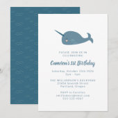 Cute Simple Narwhal Ocean Blue 1st Birthday Party Kaart (Voorkant / Achterkant)