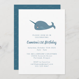 Cute Simple Narwhal Ocean Blue 1st Birthday Party Kaart