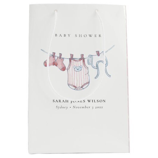 Cute Simple Pink Girl Clothesline Baby shower Medium Cadeauzakje (Voorkant)