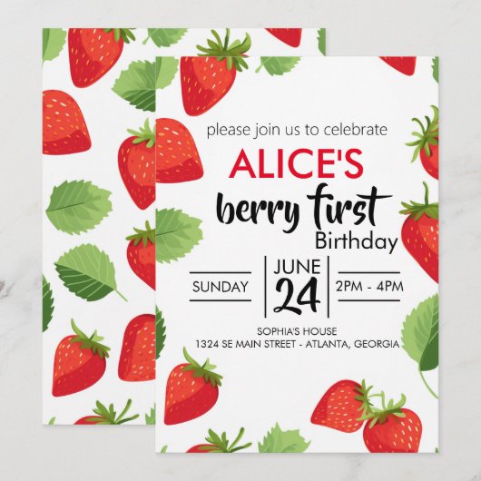 Cute Simple Red Berry Sweet Birthday Invitation Kaart (Voorkant / Achterkant)