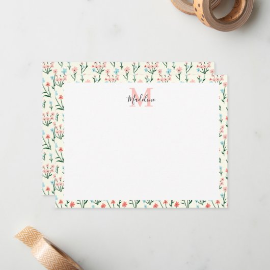 Cute Simple Roos Flower Pink Monogram Name Notitiekaartje (Voorkant / Achterkant in situ)