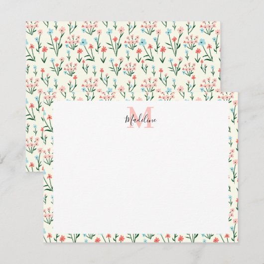 Cute Simple Roos Flower Pink Monogram Name Notitiekaartje (Voorkant / Achterkant)