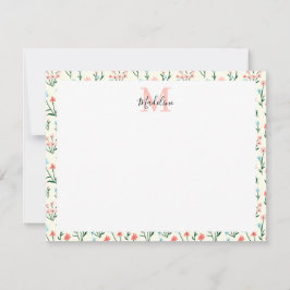 Cute Simple Roos Flower Pink Monogram Name Notitiekaartje