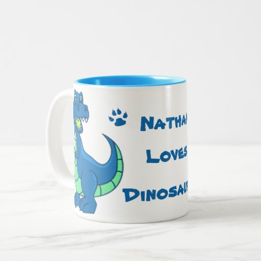 Cute Simple White Blue Paw Name Dinosaur Tweekleurige Koffiemok (Voorkant links)