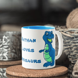 Cute Simple White Blue Paw Name Dinosaur Tweekleurige Koffiemok