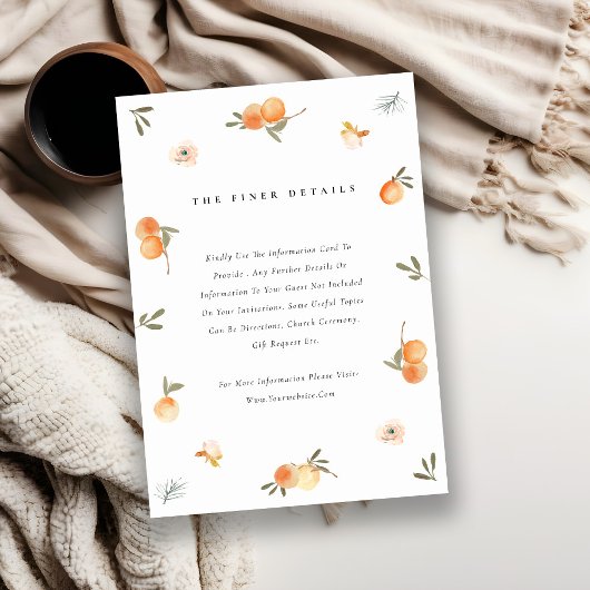 Cute Sinaasappel Floral Boho Botanical Wedding Det Informatiekaartje
