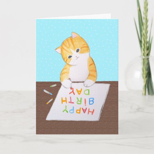 Cute sinaasappel Tabby Cat Writing Happy Birthday Kaart (Voorkant)