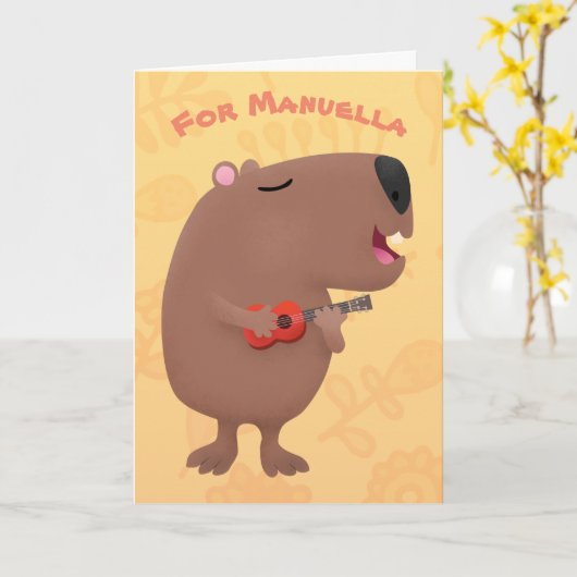 Cute sing capybara ukulele cartoon kaart (Gele Bloem)