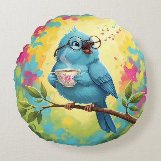 Cute Singing Blue Bird Round Pillow  Rond Kussen