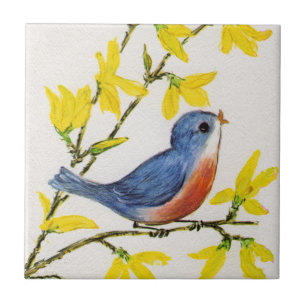 Cute Singing Blue Bird Tree Branch Tegeltje