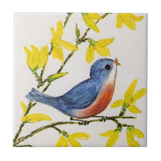 Cute Singing Blue Bird Tree Branch Tegeltje (Voorkant)