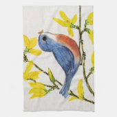 Cute Singing Blue Bird Tree Branch Theedoek (Verticaal)