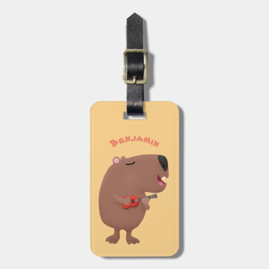 Cute singing capybara ukulele cartoon bagagelabel (Voorkant verticaal)