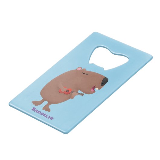 Cute singing capybara ukulele cartoon creditkaart flessenopener (Achterkant Gekanteld)