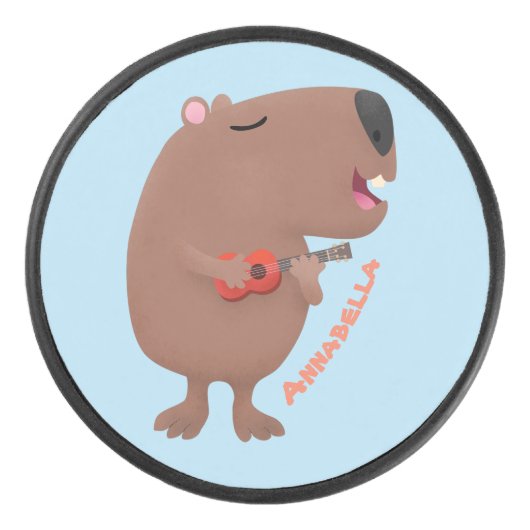 Cute singing capybara ukulele cartoon hockey puck (Voorkant)