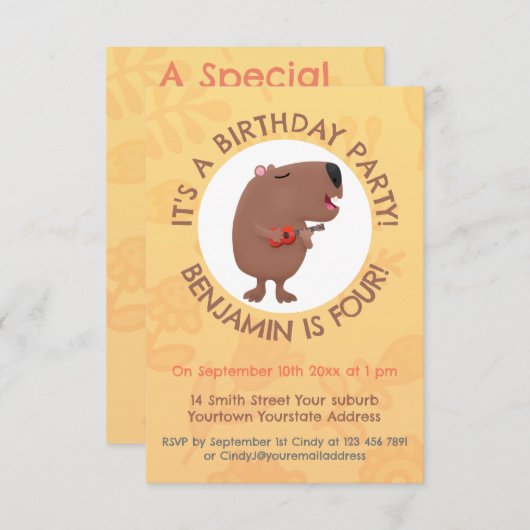 Cute singing capybara ukulele cartoon kaart (Voorkant / Achterkant)