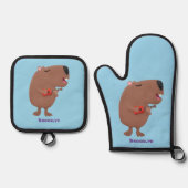 Cute singing capybara ukulele cartoon ovenwant & pannenlap set (Voorkant)