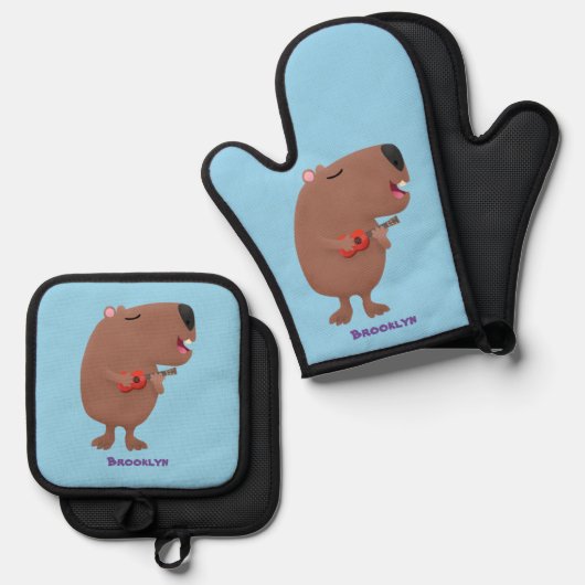 Cute singing capybara ukulele cartoon ovenwant & pannenlap set (Voorkant / Achterkant)