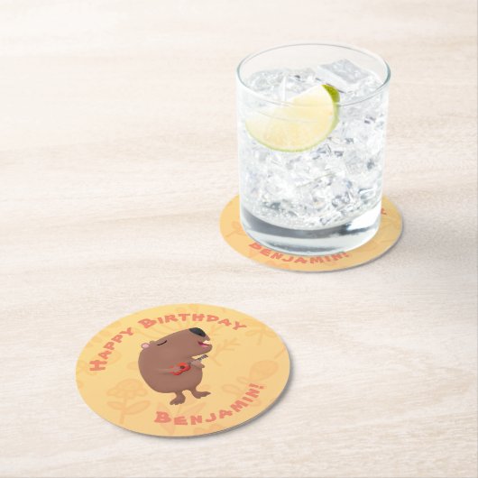 Cute singing capybara ukulele cartoon ronde kartonnen onderzetter (Insitu)