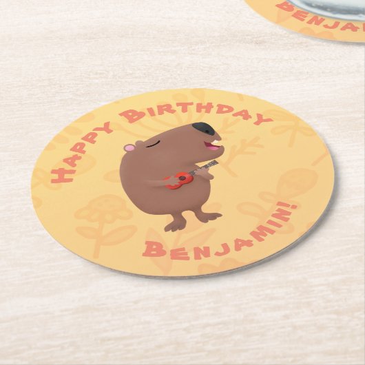 Cute singing capybara ukulele cartoon ronde kartonnen onderzetter (Gebogen)