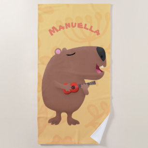Cute singing capybara ukulele cartoon strandlaken