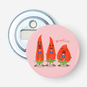 Cute-Singing chili peppers cartoon illustratie Button Flesopener