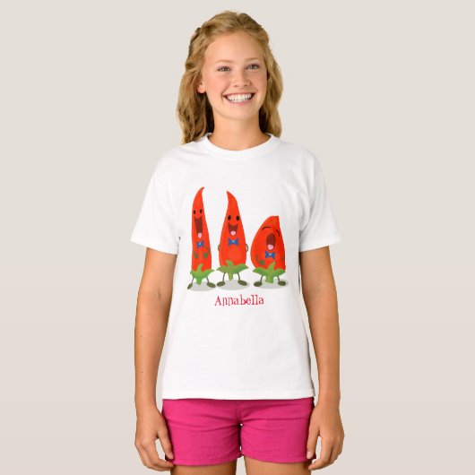 Cute-Singing chili peppers cartoon illustratie T-shirt (Voorkant volledig)