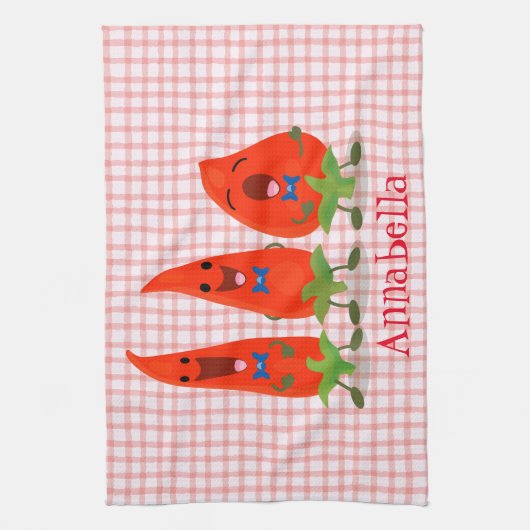 Cute-Singing chili peppers cartoon illustratie Theedoek (Verticaal)