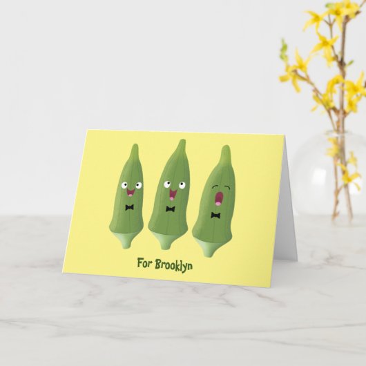 Cute singing okra Plant cartoon Kaart (Gele Bloem)