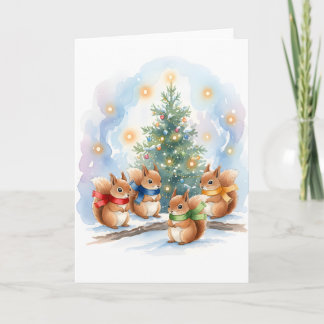 Cute Singing Woodland Squirrels Watercolor Holiday Kaart