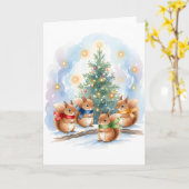 Cute Singing Woodland Squirrels Watercolor Holiday Kaart (Gele Bloem)