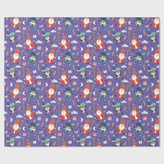 Cute Sinterklaas and Piet Pattern on Purple Cadeaupapier (Vlak)