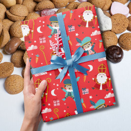 Cute Sinterklaas and Piet Pattern on Red Cadeaupapier