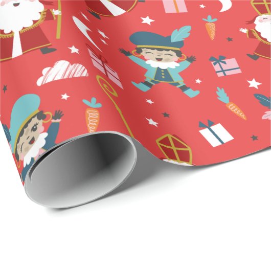Cute Sinterklaas and Piet Pattern on Red Cadeaupapier (Rol Hoek)