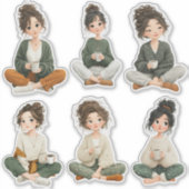 Cute Sitting Chibi Girl Coffee Stickers (Voorkant)