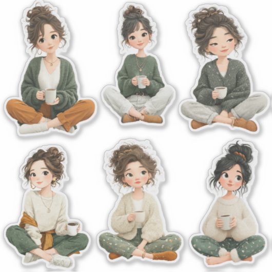 Cute Sitting Chibi Girl Coffee Stickers (Voorkant)