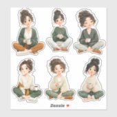 Cute Sitting Chibi Girl Coffee Stickers (Vel)