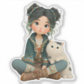 Cute Sitting Girl with Cat – Cozy Character Sticke Sticker (Voorkant)