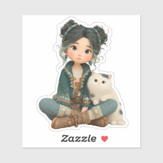 Cute Sitting Girl with Cat – Cozy Character Sticke Sticker (Vel)